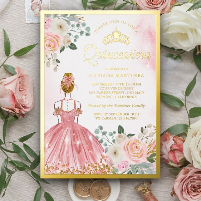 Blush Pink Floral Dress Princess Quinceanera Gold Foil Invitation (Creator Uploaded)