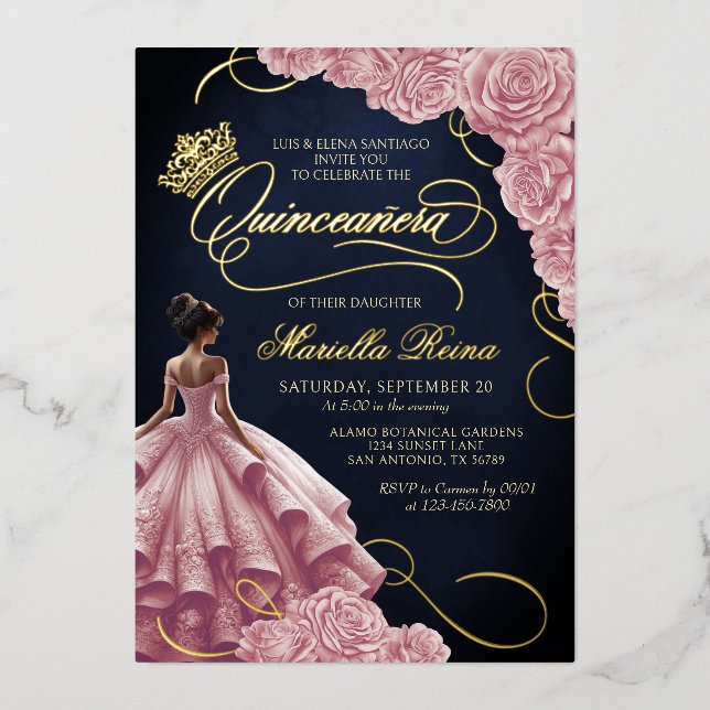 Blush Pink Floral Dress Quinceañera Foil Invitation (Front)