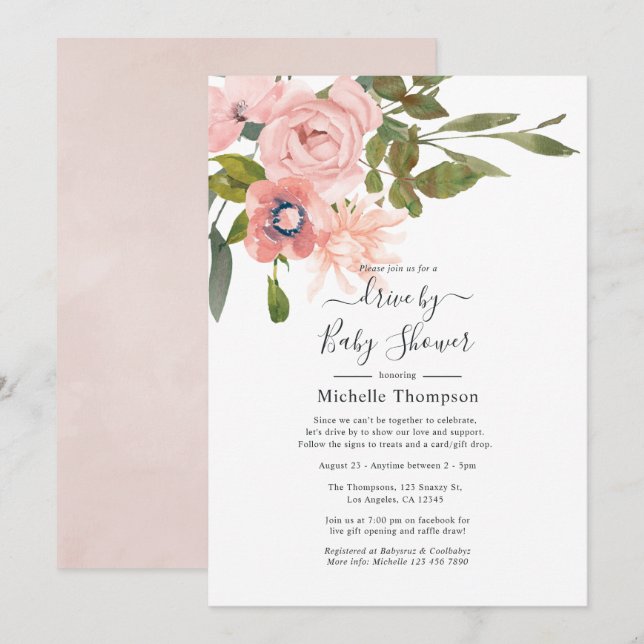 Blush Pink Floral Drive By Shower Invitation (Front/Back)