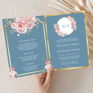 Blush Pink Floral Dusty Blue All in One Wedding Invitation
