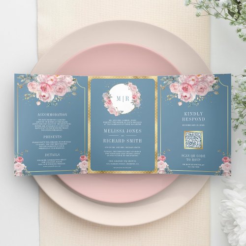 Blush Pink Floral Dusty Blue All in One Wedding Tri_Fold Invitation