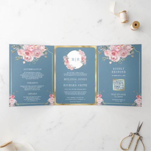 Blush Pink Floral Dusty Blue All in One Wedding Tri_Fold Invitation