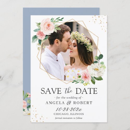 Blush Pink Floral Dusty Blue Gold Geometric Photo Save The Date