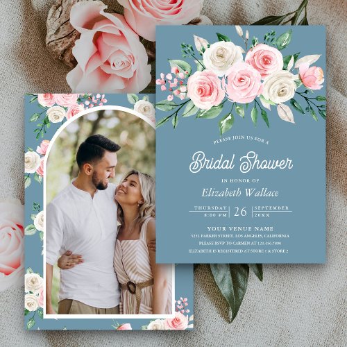 Blush Pink Floral Dusty Blue Photo Bridal Shower Invitation