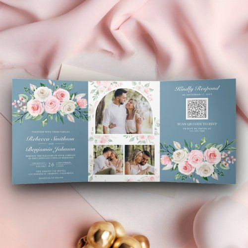 Blush Pink Floral Dusty Blue QR Code Wedding Tri_Fold Invitation
