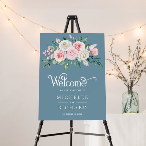 Blush Pink Floral Dusty Blue Wedding Welcome Sign