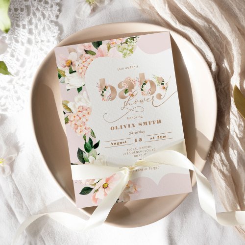 Blush pink floral elegant baby girl shower invitation