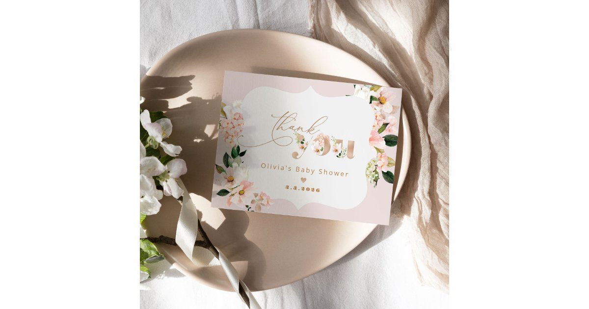 Blush pink floral elegant baby shower thank you card | Zazzle