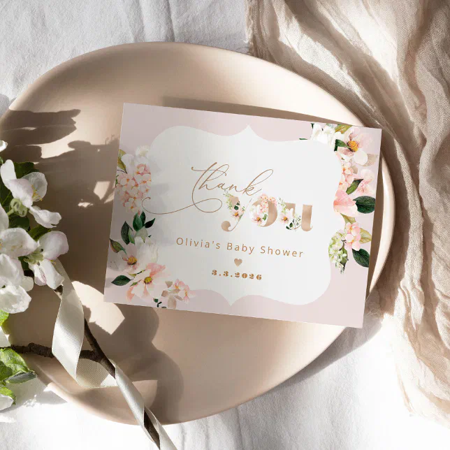 Blush pink floral elegant baby shower thank you card | Zazzle