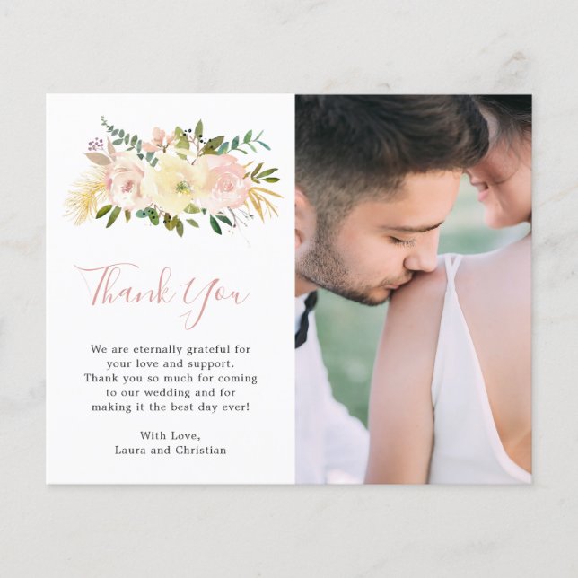 Blush Pink Floral Elegant Budget Wedding Thank You (Front)