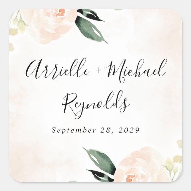 Blush Pink Floral Elegant Champagne Garden Wedding Square Sticker (Front)
