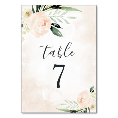 Blush Pink Floral Elegant Champagne Garden Wedding Table Number