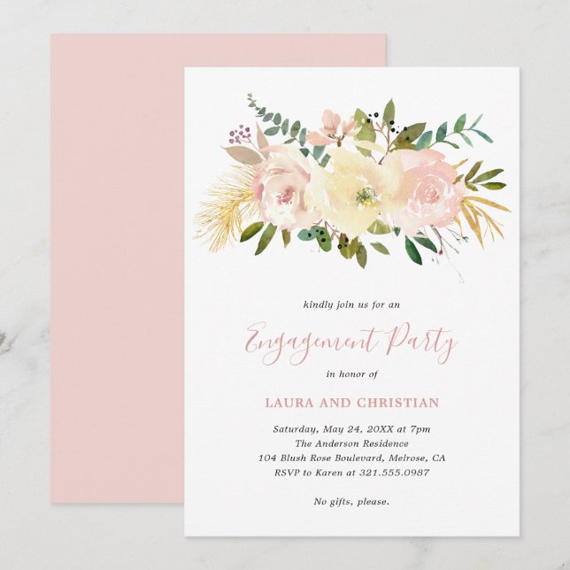 Blush Pink Floral Elegant Engagement Party Invitation (Front/Back)