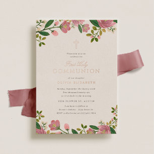 Blush Pink Floral Elegant First Communion Foil Invitation
