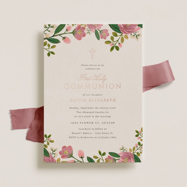 Blush Pink Floral Elegant First Communion Foil Invitation (Creator Uploaded)