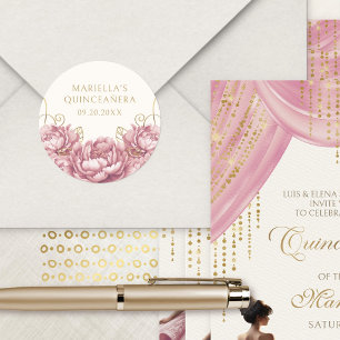 Blush Pink Floral Elegant Quinceanera Classic Round Sticker