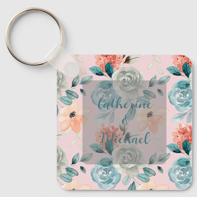 Blush Pink Floral Elegant Wedding Calligraphy  Keychain (Front)