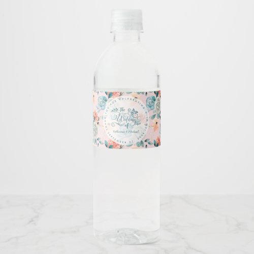 Blush Pink Floral Elegant Wedding Calligraphy Water Bottle Label