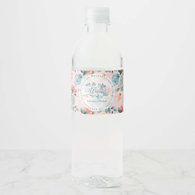 Blush Pink Floral Elegant Wedding Calligraphy Water Bottle Label (Front)
