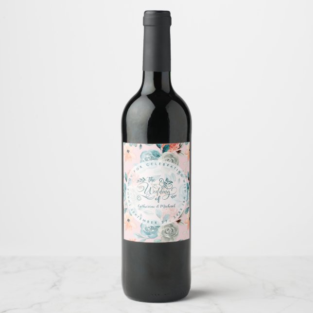 Blush Pink Floral Elegant Wedding Calligraphy Wine Label (Front)