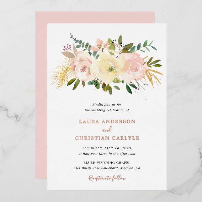 Blush Pink Floral Elegant Wedding Foil Invitation (Front/Back)