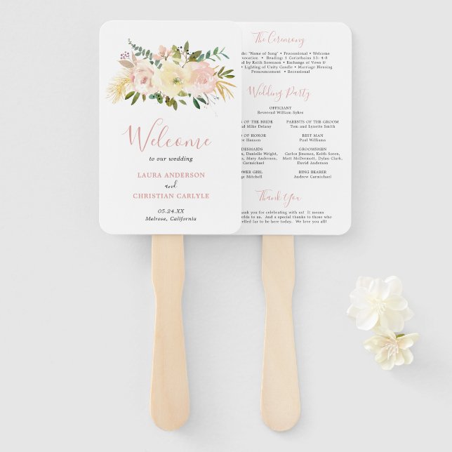 Blush Pink Floral Elegant Wedding Program Hand Fan (Front and Back)