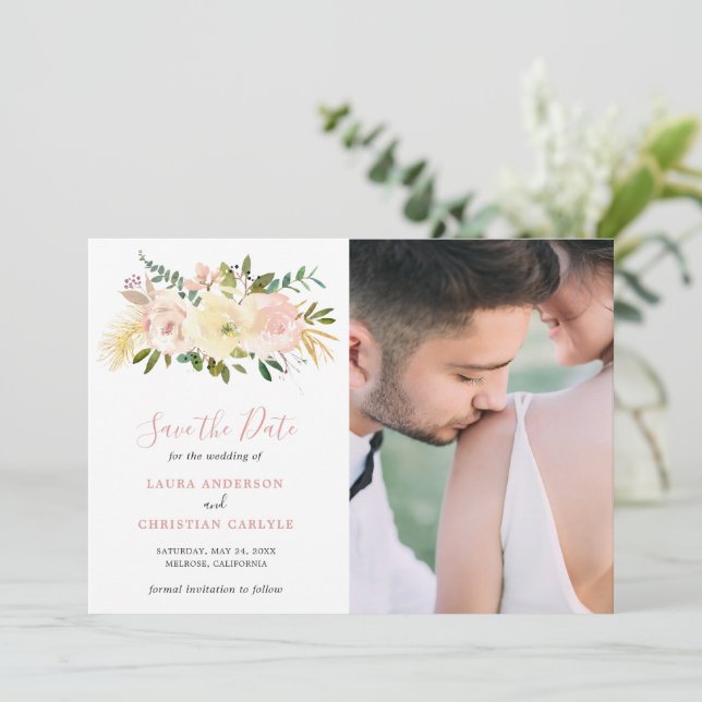 Blush Pink Floral Elegant Wedding Save The Date (Standing Front)