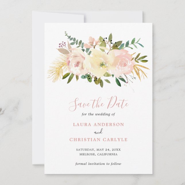 Blush Pink Floral Elegant Wedding Save The Date (Front)