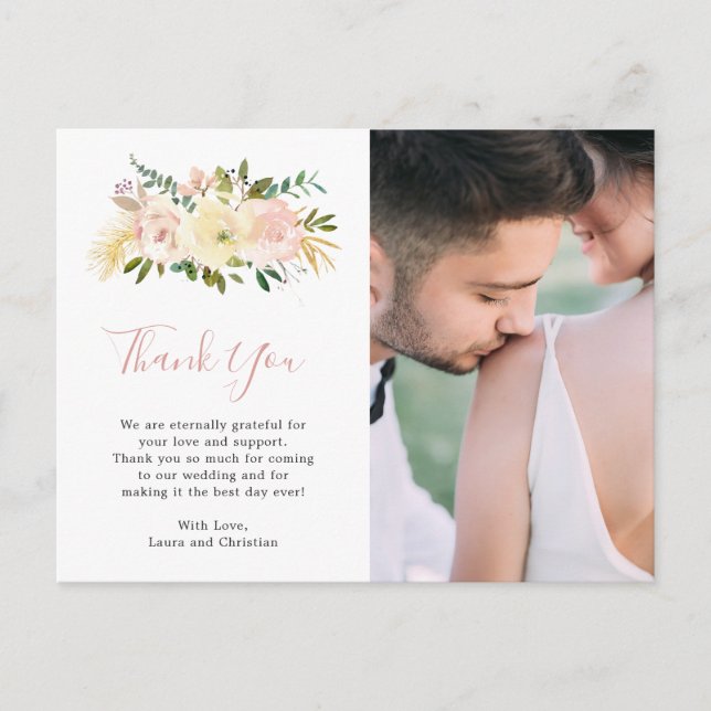 Blush Pink Floral Elegant Wedding Thank You Postcard (Front)