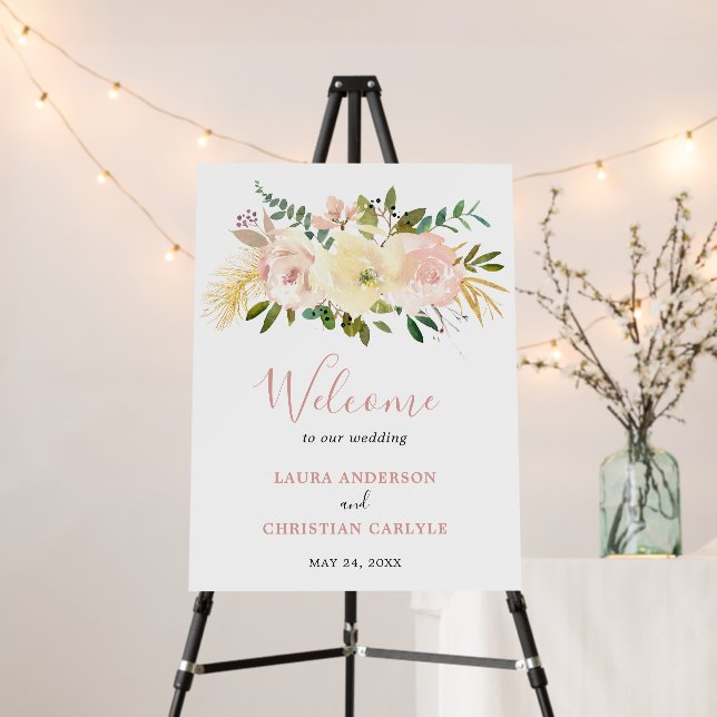 Blush Pink Floral Elegant Wedding Welcome Sign (In Situ (Stand))