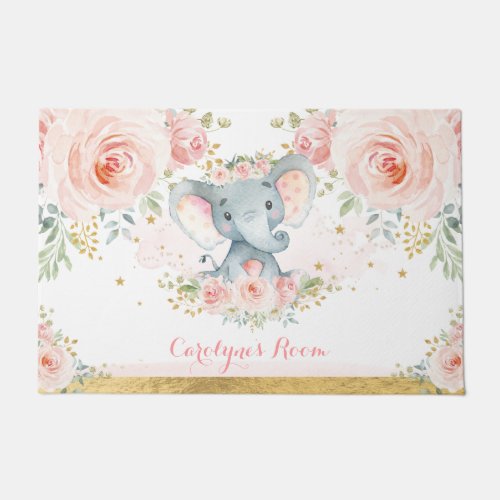 Blush Pink Floral Elephant Baby Girl Nursery Room Doormat