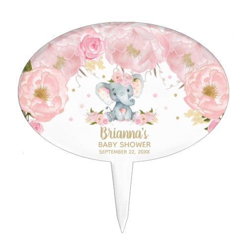 Blush Pink Floral Elephant Baby Shower Birthday  Cake Topper