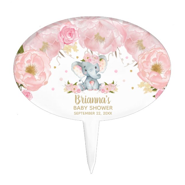 Blush Pink Floral Elephant Baby Shower Birthday  Cake Topper (Front)