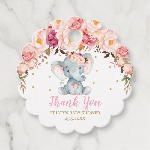 Blush Pink Floral Elephant Baby Shower Birthday  Favor Tags