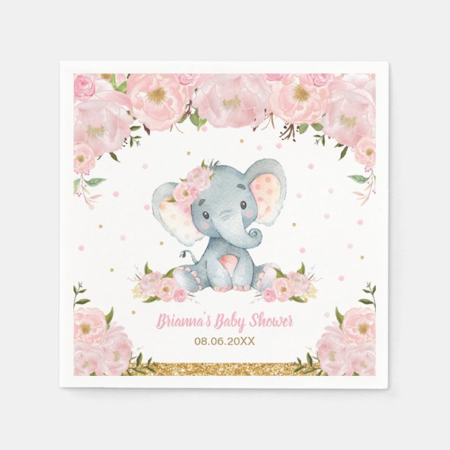 Blush Pink Floral Elephant Baby Shower Birthday  N Napkins (Front)