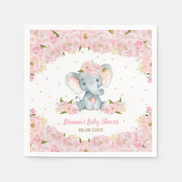 Blush Pink Floral Elephant Baby Shower Birthday Napkins