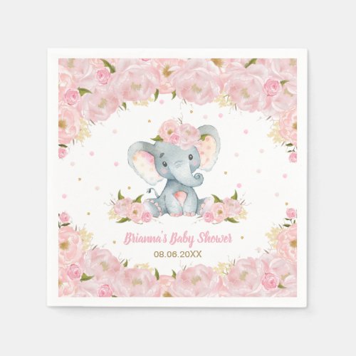 Blush Pink Floral Elephant Baby Shower Birthday  Napkins