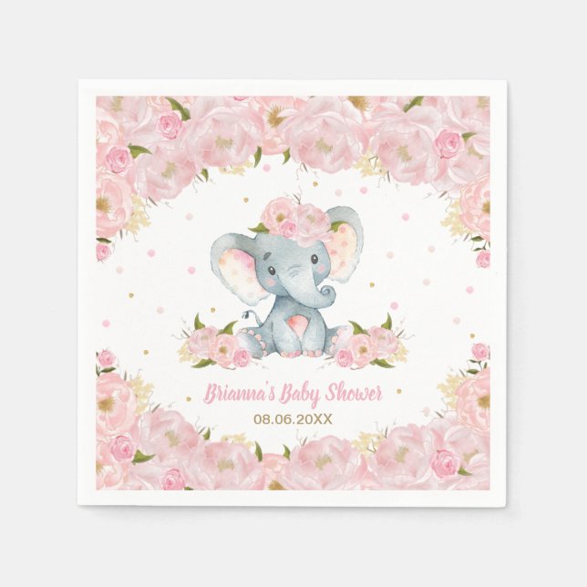 Blush Pink Floral Elephant Baby Shower Birthday  Napkins (Front)