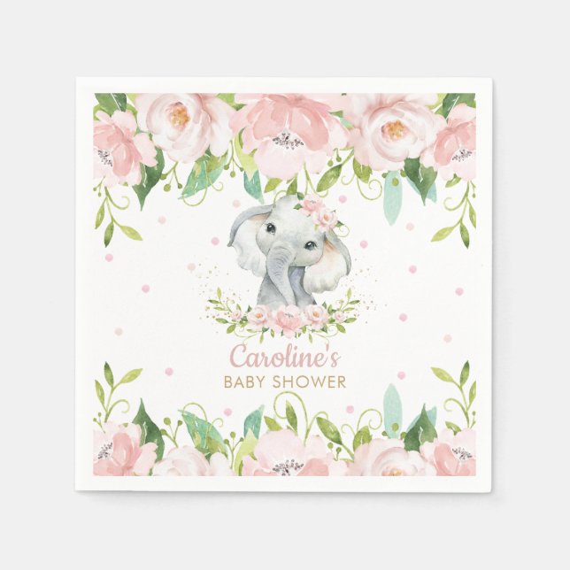 Blush Pink Floral Elephant Baby Shower Birthday Napkins (Front)