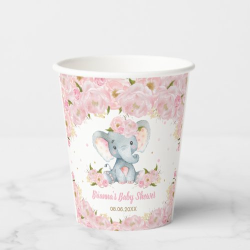 Blush Pink Floral Elephant Baby Shower Birthday  Paper Cups