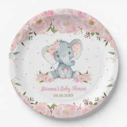 Blush Pink Floral Elephant Baby Shower Birthday Paper Plates