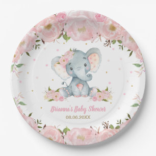 Blush Pink Floral Elephant Baby Shower Birthday Paper Plates
