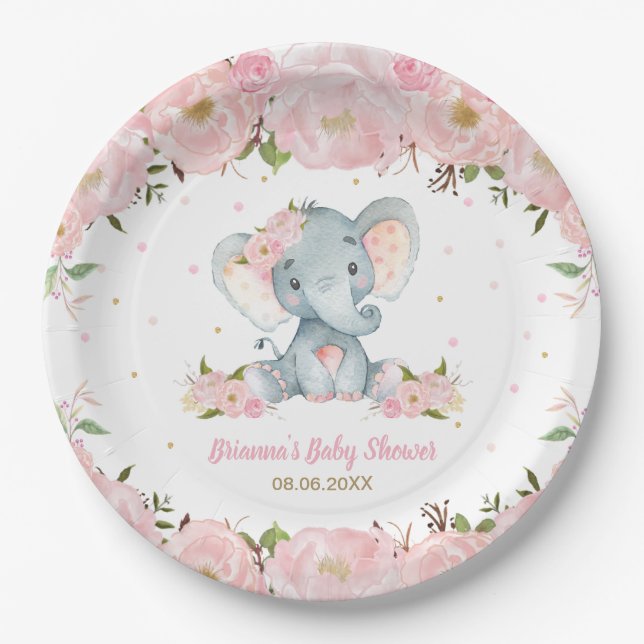Blush Pink Floral Elephant Baby Shower Birthday Paper Plates (Front)