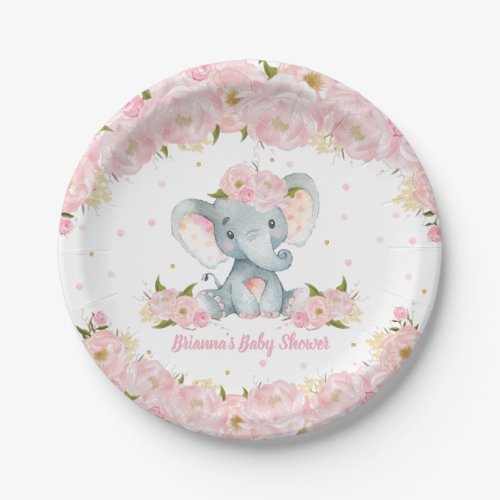 Blush Pink Floral Elephant Baby Shower Birthday Paper Plates