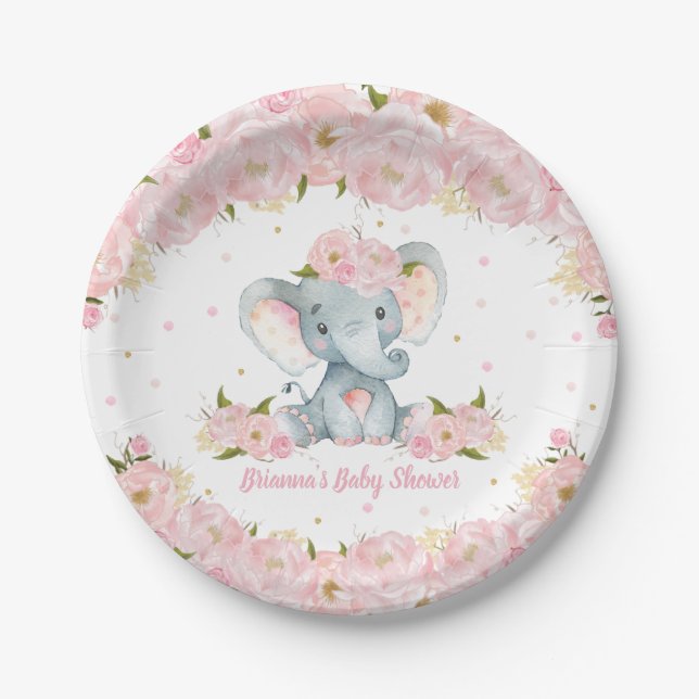 Blush Pink Floral Elephant Baby Shower Birthday Paper Plates (Front)