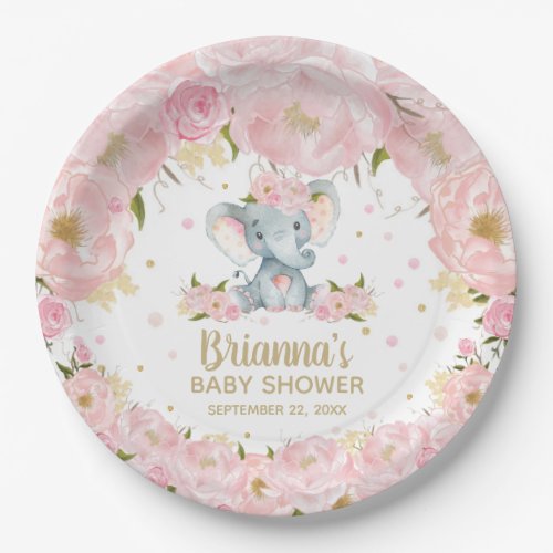 Blush Pink Floral Elephant Baby Shower Birthday Paper Plates