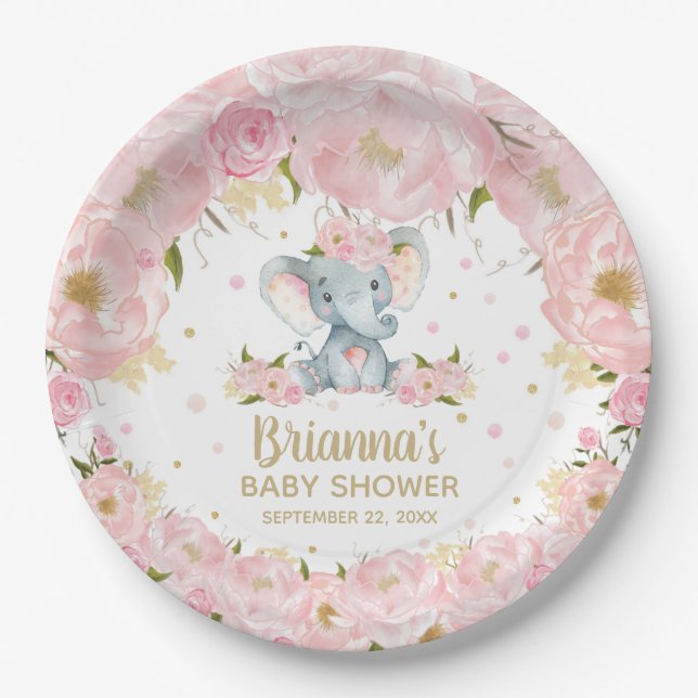 Blush Pink Floral Elephant Baby Shower Birthday Paper Plates (Front)