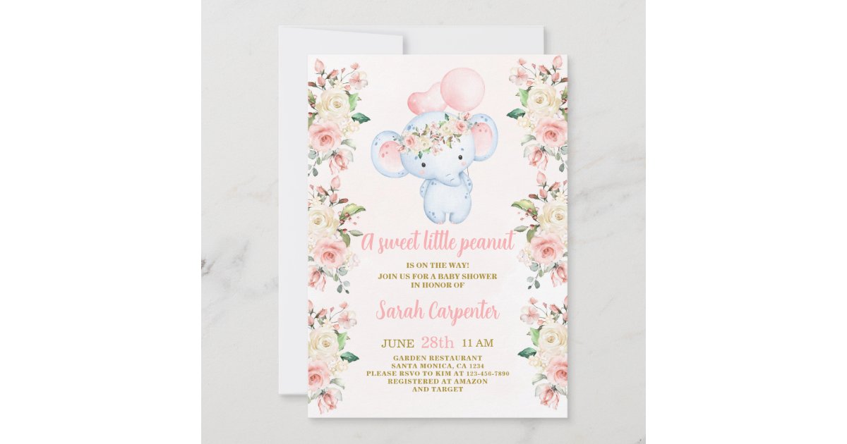 Blush Pink floral Elephant Baby Shower Girl Invitation | Zazzle