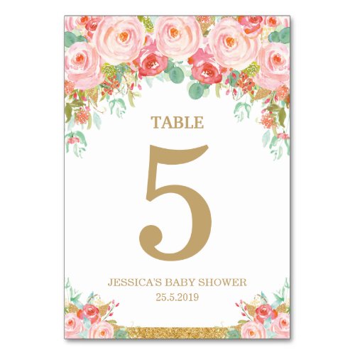 Blush Pink Floral Elephant Baby Shower Girl Table Number