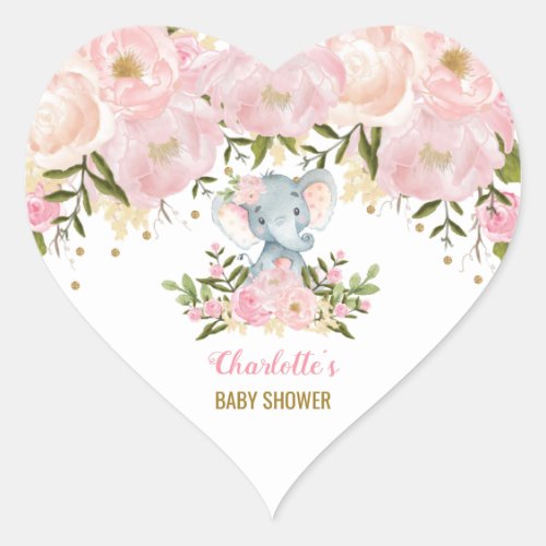 Blush Pink Floral Elephant Baby Shower Party Favor Heart Sticker